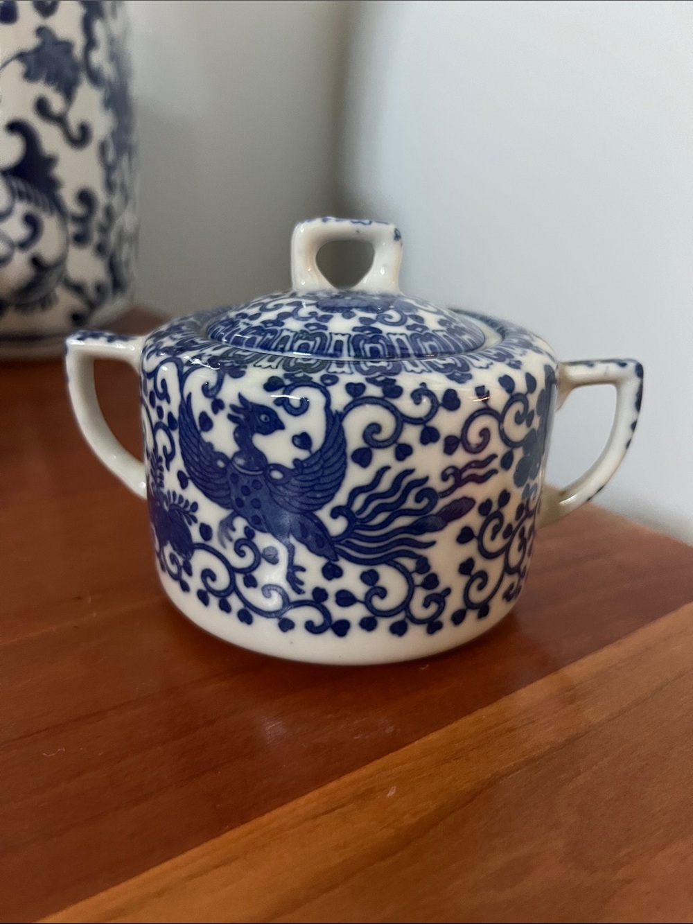 Vintage Flying Turkey Phoenix Blue White Porcelain Sugar Bowl Japan